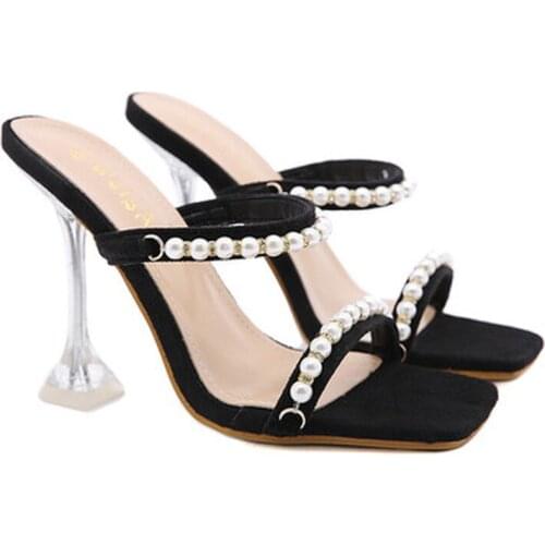 Fashion 2021 NEW Shoes For Women Polka Dot String Bead Flock Slides Outside Spike Heels Sweet Shallow shoes for women