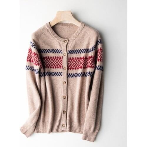 Womens Cardigan Loose O-Neck Cashmere Sweater Autumn/Winter 100% Wool Knitted Jacket Woman Retro Pattern Fashion Shirt Tops