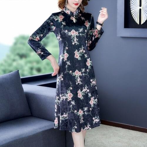 2021 Vintage Floral Gold Velvet Midi Dresses Autumn Winter 3XL Plus Size Long Sleeve Dress Elegant Women Bodycon Party Vestidos
