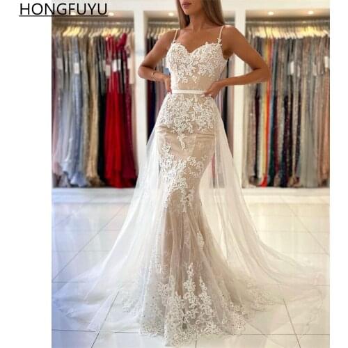HONGFUYU Elegant Spaghetti Straps Formal Prom Dresses for Women Party Lace Appliques robe de soirée de mariage Evening Gowns