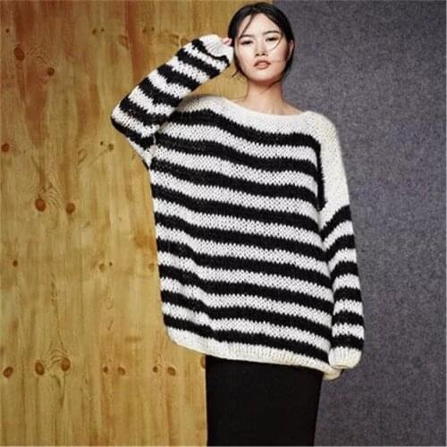100% hand made wool thin knit women fashion Oneck striped pullover sweater retail wholesale customized