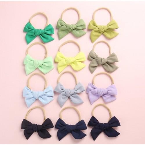 20 Colors Hand Tied Cotton Linen Hair Bow Nylon headband, School Girl Bow Headbands Hair Accessory