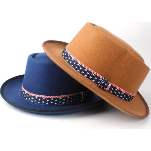 2019 Men Women Wool Pork Pie Hat With Ribbon Wide Brim Church Hat Trilby Fascinator Hat Flat fedora Jazz Wild Hat Size 58CM