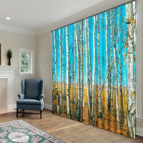 3D Window Curtains Luxury Blackout Living Room Bedroom Drapes Cortinas Rideaux Customized size Silver birch print pillowcase