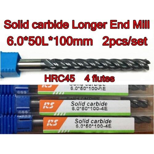 6.0*50L*6D*100mm 2pcs/set HRC45 4flutes Solid carbide Longer End Mill Processing: steel Free shipping