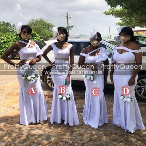 White Bridesmaid Dresses With Gold Appliques Long Mermaid 4 Style African Women Formal Maid Of Honor Dress Wedding Party
