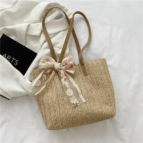 Bohemia Linen Bow Straw Shoulder Bag Women Large Capcity Woven Totes Bag Vacation Beach Bag Summer Lace Handbag Travel Lady Tote