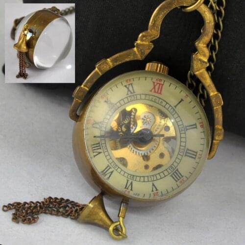 Ball Grass Hand Winding Steampunk Skeleton Roman Bronze Mini Mechanical Pocket Watch Necklace Pendant FOB Chain Watch Men Ladies