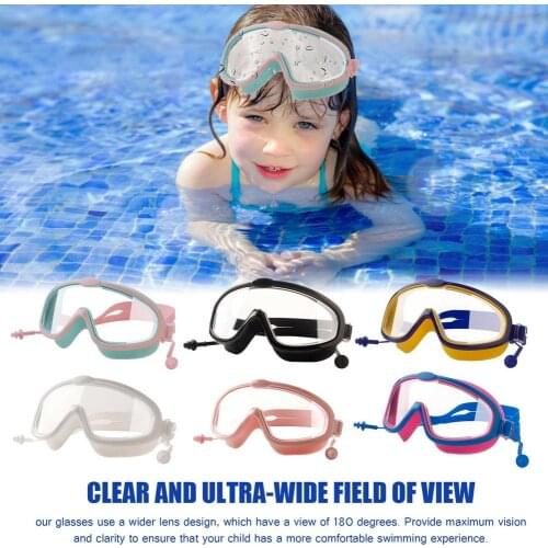 Childrens Swimming Goggles One-Piece Swim Eyewear Anti-Fog UV Protection Clear Wide Vision Swim Glasses With Ear Plugs