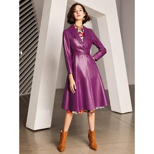 French Elegant Purple Sheepskin Medium Length Skirt Slim Fit Leather Coat Womens Windbreaker Coat