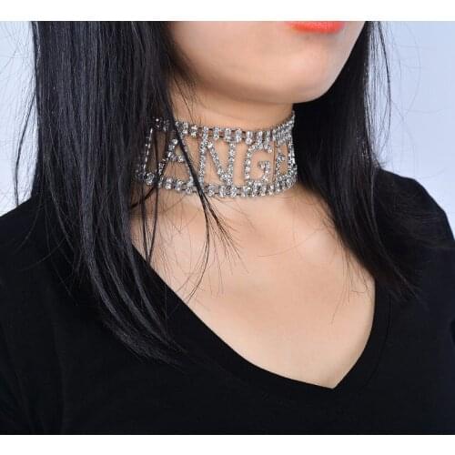 Punk Necklaces Women Shiny Rhinestone Letter ANGEL Choker Necklace For Sexy Ladies Neck Chocker Nightclub Party Clavicle chain