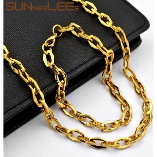 SUNNERLEES Stainless Steel Necklace Bracelet Set 6.5mm Geometric Link Chain Gold Color High Polished Men Women Gift SC183 S