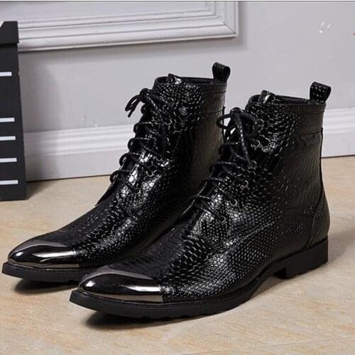 Western cowboy classic punk style black genuine leather sliver steel toe army military boots high top thick heels male shoes men