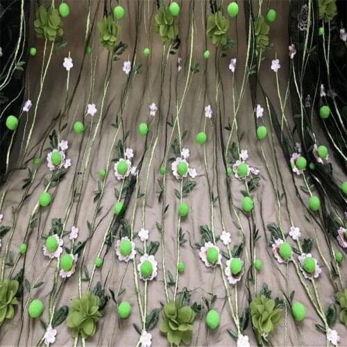 2019 Green Pink 3D Flower Chiffon Embroidery Fabric Pom Pom Trim Fabric Mesh Lace Fabric By the yard