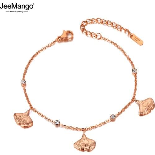 JeeMango Trendy Stainless Steel Leaves Charm Bracelets Bangle For Women Bohemia CZ Crystal Chain & Link Beach Bracelet JB20038