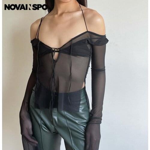 NOVAINSPO Long Sleeve See Through Strapless Cropped Tops Fashion Sexy Side Split Backless Black Solid Halter Baddies Style Top