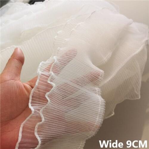 9CM Wide White Black Double Layers Mesh 3d Pleated Lace Fabric Embroidered Ribbon Collar Trim Dress Skirts Splicing Sewing Decor