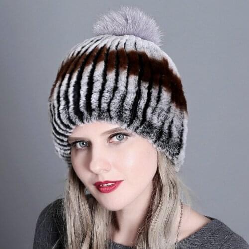 Female Rex Rabbit Hair Ear Protection Beanies Cap Autumn Winter European American Women Hat Fox Fur Ball Pompom Soft Caps H7032