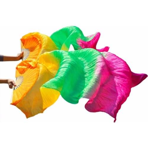 High Quality 100% Silk 1 Pair Belly Dance Fans Dance Stage Performance Props Belly Dancing Silk Fans Orange+Green+Rose 180x90cm