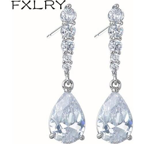 FXLRY Top Quality Water Drop CZ Zirconia Dangle Earrings For Brides Fashion Crystal Bridal Wedding Jewelry