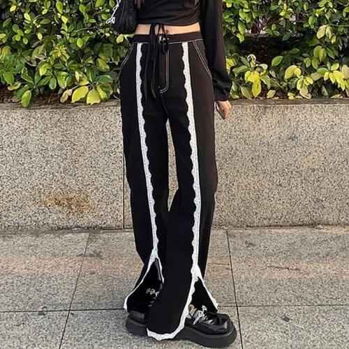 Patchwork Lace Plus Size Split Denim Pant Mom Slit Jeans Trouser Boyfriend Women Streetwear Harajuku Fashion Punk Goth