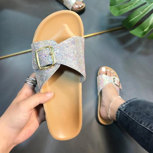 2021Women Buckle Rhinstone Summer Fashion Slippers Female Crystal Casual Comfort Slides Ladies New Outside Flat Plus Size 41