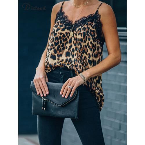 DICLOUD Womens Black Lace Top Summer Sexy Leopard Print T-shirt Female Maternity Tanks Camis Sleeveless Clothes Blouse Brown