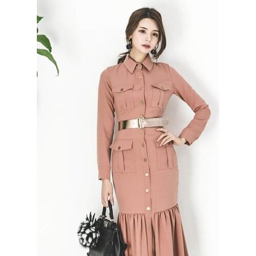 Women Elegant Turn-down Collar Single Breasted Pockets Sashes Mid-length Dress Vestidos Full Sleeve Ruffles Bodycon Female Dress