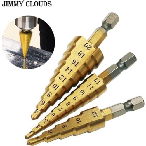 3pc Hss Step Drill Bit Spiral Flute HSS Steel Cone Titanium Coated Mini Drill Bit Tool Set Hole Cutter 3-12mm 4-12/20mm Wood