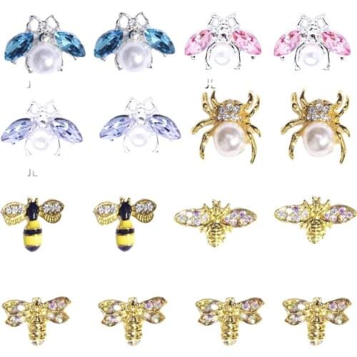 50pcs Nail Art Spider/Bee Designs Alloy Jewelry Decorations Crystal Rhinestones Charms Pearl 3D Silver Gold Metal Nail Accessory