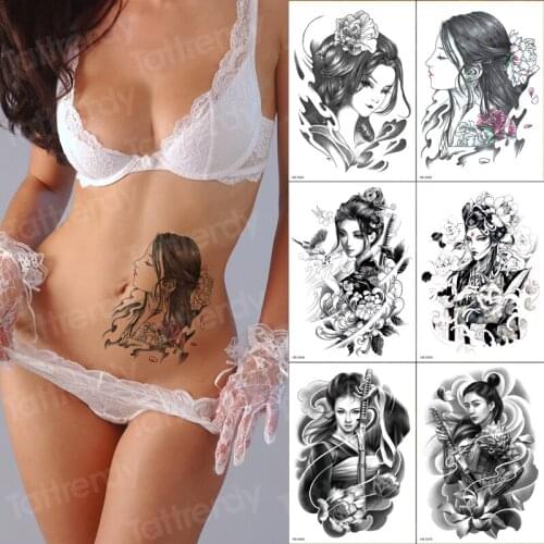 6PCS/pack tattoo & body art japanese women tattoo large black stretch designs wrist arm sleeve pattern water transfer leg tatoo