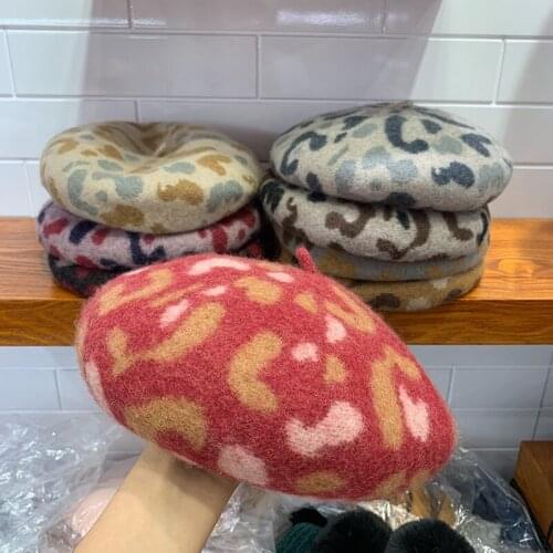 Vintage Leopard Print Beret Caps Korean Women Fashion Artist Painter Cap Thick Pure Wool Winter Elegant Lady Warm Leopard Berets