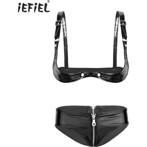 Black Womens Lingerie Night Party Clubwear Wet Look Open Cup Bra Top with Bikini Briefs Patent Leather Lingerie Sets Underwear