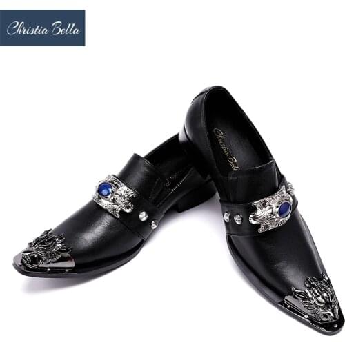 Christia Bella Fashion 2017 Luxury Classic Casual Dress Shoes Mens Punk Style Oxfords Genuine Leather Black Men Wedding Shoes