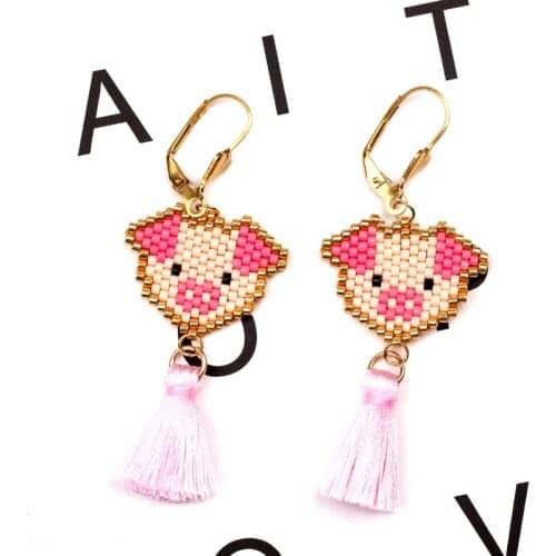 FAIRYWOO Lucky Gifts Miyuki Pig Cute Delica Earrings Handmade Gifts For Woman Animals Friendship Earring Cotton Tassel Pendant