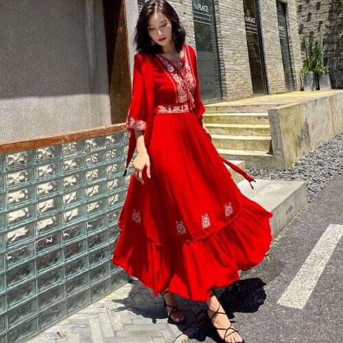 Jastie Retro Indie Folk Embroidery Maxi Dress 3/4 Sleeve Spring Autumn Women Dresses Seaside Vacation Beach Dress Vestidos 2020