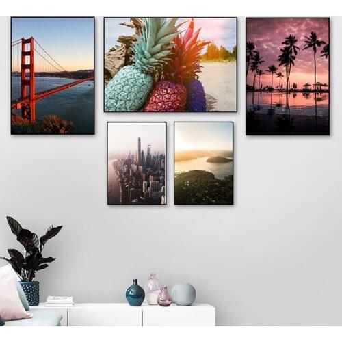 Pineapple Golden Gate Bridge Canvas Painting City Scenery Seascape Poster Modern Home Decoration Wall Art Pictures for Bedroom