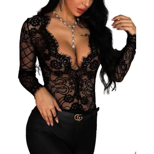 Kayotuas Women Bodysuit Long Sleeve V-Neck Lace Hollow Out See-through Sexy Ladies Leotard Underwear Casual Hot Outfit