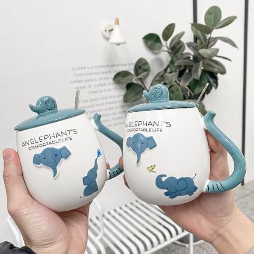 Cartoon Animal Elephant Ceramic Cup with Lid Spoon Creative Embossed Water Cup Business Office Coffee Mug