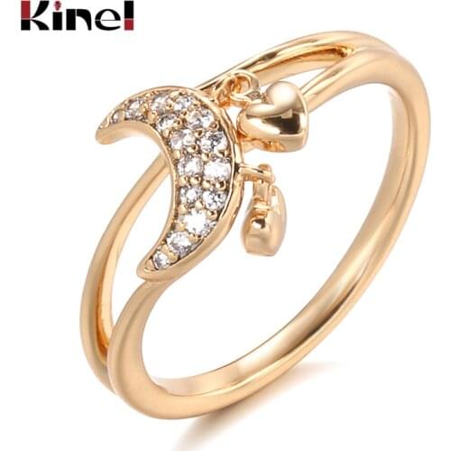 Kinel Luxury 585 Rose Gold Natural Black Zircon Ring Moon Love Heart Wedding Rings for Women Vintage Fashion Jewelry