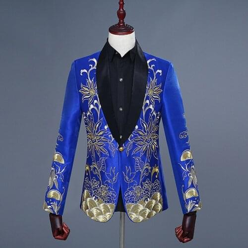 Royal Blue Embroidery Men Suit Jacket Brand Slim Fit Shawl Collar Blazer Men Stage Singer Clothes Wedding Prom Blazer Hombre
