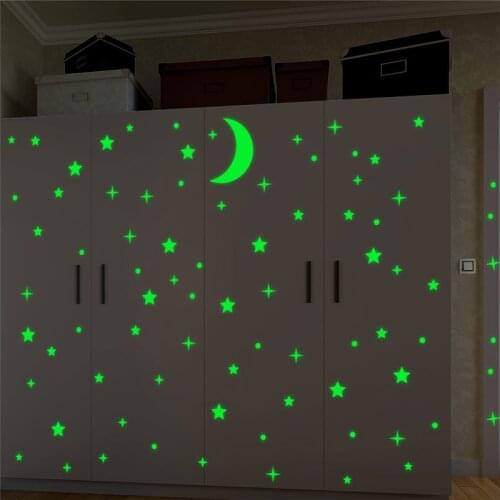 Creative stars moon luminous wall stickers for kids rooms home decor green fluorescent wall decals glow in the dark wallpaper