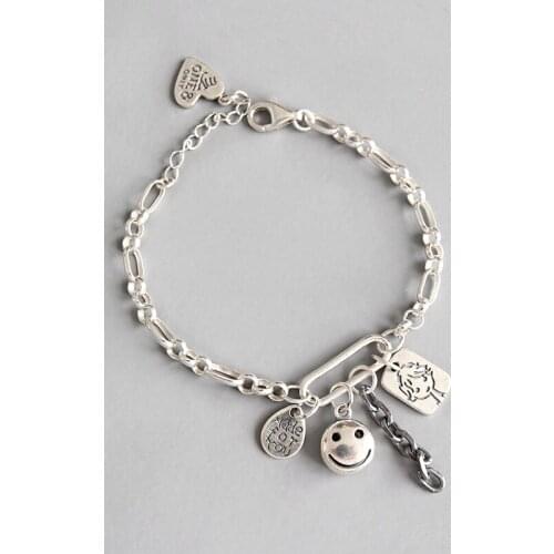 925 Sterling Silver Doll Smiling Face Pendant Lady Bracelet Temperament Hanging Tag Chain Personality Fashion Accessories