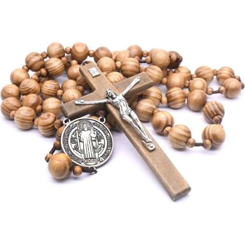 Fashion Handmade Round Wood Bead Catholic Wall Rosary Cross Religious Necklace