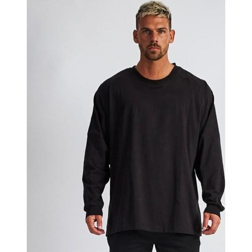 Mens Loose Oversized Fit Long Sleeve T-shirt With Dropped Shoulder Retro Fitness T Shirt Autumn Gym Bodybuilding Tops Tees