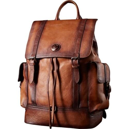 Men Cow Leather large capacity backpack travel bag Classic business backpack Side can be opened Pentagram Schoolbag