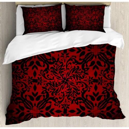 Red and Black Duvet Cover Set Mandala Oriental Design Flowers and Leaves Frame Image 3 Piece Bedding Set Vermilion Black