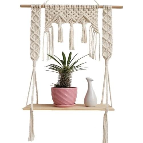 Tassel Wall Tapestry Rack Wooden Plant Flower Stand Holder Hanging Floating Shelve Home Decor