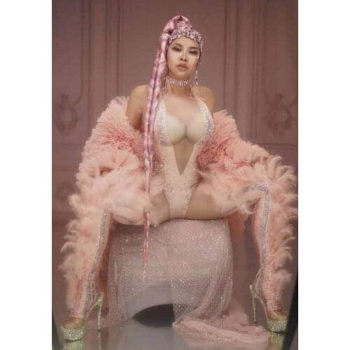 New Fashion Pink Rhinestone Bodysuit With Feathers Stocking Women Sexy Stretch Skinny Party Jumpsuit Nightclub Dancer Stage Wear