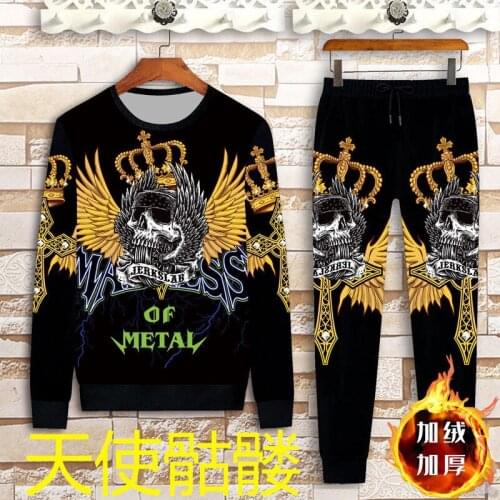 Autumn and winter plus velvet mens angel skull hoody casual thick sweater suit fashion printing trend handsome mens clothing